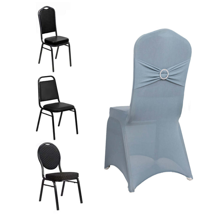 Dusty Blue Spandex Banquet Chair Cover with Silver Rhinestone Buckled Sash Band, Stretched Fitted