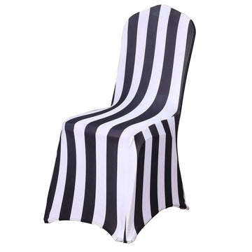 Spandex Chair Cover with Foot Pockets for Banquet Chairs Black/White 2" Stripes - Durable 160GSM Fitted Slipcover for Weddings & Gatherings