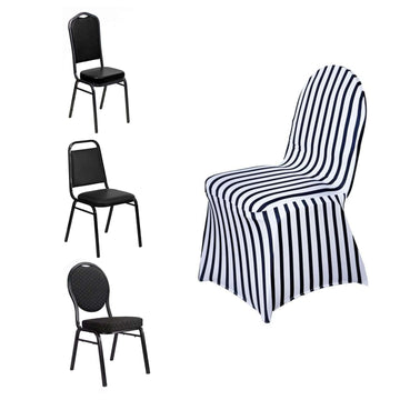 Spandex Chair Cover with Foot Pockets for Banquet Chairs Black/White Striped - Durable Stretch Fitted Slipcover for Weddings & Gatherings