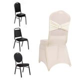 Ivory Spandex Banquet Chair Cover with Silver Rhinestone Buckled Sash Band, Stretched Fitted Slip On