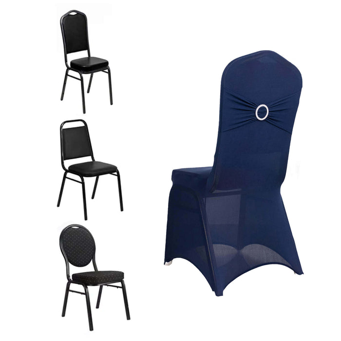 Navy Blue Spandex Banquet Chair Cover with Silver Rhinestone Buckled Sash Band, Stretched Fitted