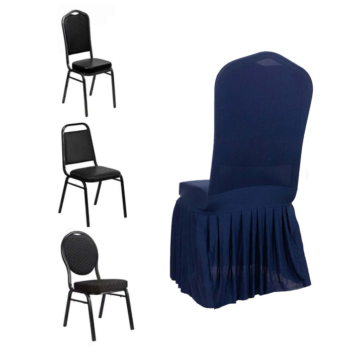 Navy Blue Ruffle Pleated Skirt Banquet Spandex Chair Slipcover, 1-Piece Stretch Fitted Chair Cover