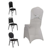 Silver Spandex Banquet Chair Cover with Rhinestone Buckled Sash Band, Stretched Fitted Slip On Chair