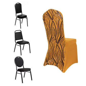 Spandex Chair Cover with Wave Embroidered Sequins for Banquet Chairs Gold/Black - Glittering Stretch Fitted Slipcover