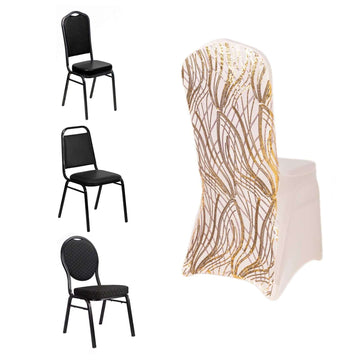 Spandex Chair Cover with Wave Embroidered Sequins for Banquet Chairs Rose Gold/Gold - Glittering Stretch Fitted Slipcover