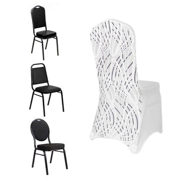 Spandex Chair Cover with Wave Embroidered Sequins for Banquet Chairs White/Black - Luxe Glittering Stretch Fitted Slipcover