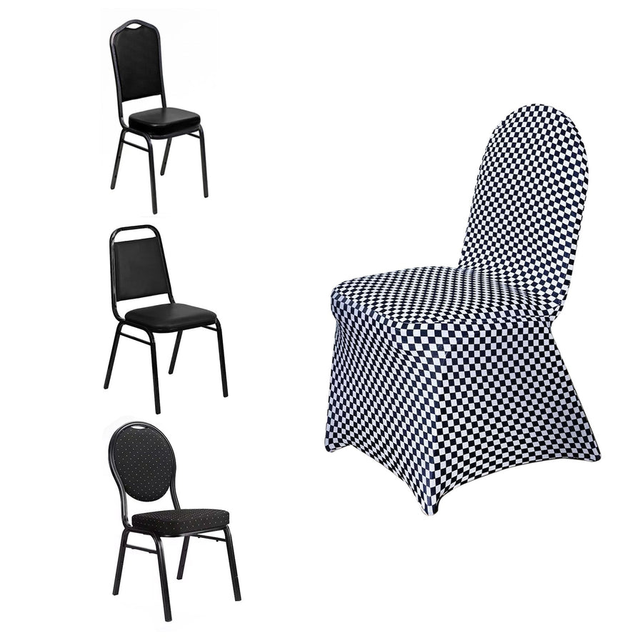 Black/White Buffalo Plaid Spandex Stretch Banquet Chair Covers, Fitted Checkered Chair Covers