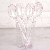 25 Pack 7inch Transparent Blush Glitter Classic Heavy Duty Disposable Spoons, Sparkly Plastic