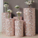 Set of 5 Rose Gold Sequin Mesh Cylinder Pedestal Pillar Prop Covers with Leaf Vine Embroidery