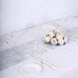 Silver Metallic Fringe Shag Tinsel Table Runner, Shimmery Polyester Table Runner