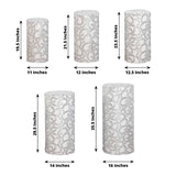 Set of 5 Silver Sequin Mesh Cylinder Pedestal Pillar Prop Covers with Leaf Vine Embroidery