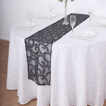 12"x108" Sparkly Black Leaf Vine Sequin Tulle Table Runner
