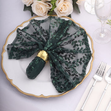 Sparkly Hunter Emerald Green Leaf Vine Embroidered Sequin Tulle Cloth Dinner Napkins, Sheer Decorative Napkins