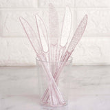 25 Pack 7inch Transparent Blush Glitter Classic Heavy Duty Disposable Knives, Sparkly Plastic