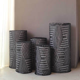 Set of 5 Black Sequin Mesh Cylinder Pedestal Pillar Prop Covers with Geometric Pattern Embroidery