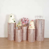 Set of 5 Rose Gold Sequin Mesh Cylinder Pedestal Pillar Prop Covers with Geometric Pattern