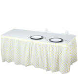 14FT 10 Mil Thick | Polka Dots Pleated Plastic Table Skirts - Disposable Table Skirt Spill Proof - White/Yellow