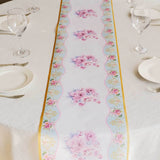 11x108inch White Pink Non-Woven Peony Floral Table Runner with Gold Edges, Spring Summer Kitchen