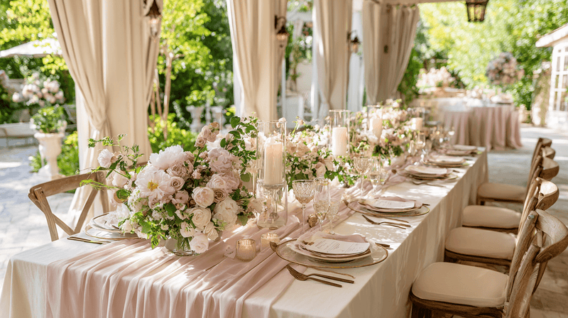Elegant outdoor wedding reception table with blush floral centerpieces