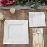 10 Pack - 7inch Silver Trim White Square Plastic Salad Dessert Plates