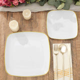 10 Pack | 10inch White with Gold Rim Square Plastic Lunch Party Plates, Disposable Dinner Plates