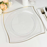 10 Pack | 10inch Clear / Gold Wavy Rim Modern Square Plastic Dinner Plates, Disposable Party Plates