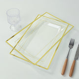 10 Pack Clear Rectangular Plastic Serving Trays with Gold Rim