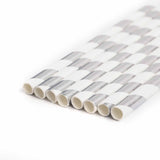 25 Pack 8" White/Silver Striped Disposable Paper Straws