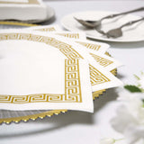 25 Pack White Linen-Feel Beverage Napkins with Gold Greek Key Print