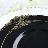 10 Pack | 10inch Black Gold Leaf Embossed Baroque Plastic Dinner Plates