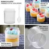 24 Pack Clear Ribbed Plastic Parfait Ice Cream Cups with Lids and Spoons, 5oz Mini Disposable Fruit