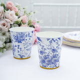 24 Pack | 9oz Blue Chinoiserie Floral Paper Cups with Gold Rim, Elegant Disposable Party Cups