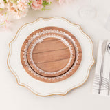 25 Pack Brown Wood Grain Print 9inch Disposable Party Plates With Floral Lace Rim, Round Paper