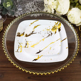 10 Pack | 8inch White / Gold Marble Square Plastic Salad Plates, Disposable Appetizer Party Plates