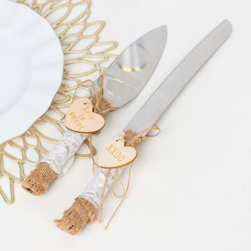 Stainless Steel Cake Knife and Server Set with Natural Rustic Jute Lace - Pre-Packed Wedding Party Favors in Gift Box