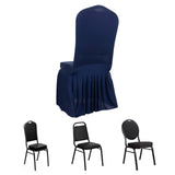 Navy Blue Ruffle Pleated Skirt Banquet Spandex Chair Slipcover, 1-Piece Stretch Fitted Chair Cover