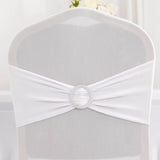 White Spandex Banquet Chair Cover with Silver Rhinestone Buckled Sash Band, Stretched Fitted Slip On