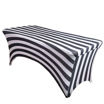 Stretch Spandex 72"x30" Rectangle Tablecloth Black/White Vertical Stripes - Durable Form-Fitting Table Cover for Events & Presentations