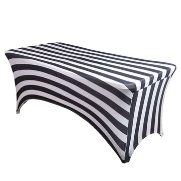 Stretch Spandex 8ft Rectangle Tablecloth Black/White Vertical Stripes - Durable Form-Fitting Tablecloth for Events & Presentations