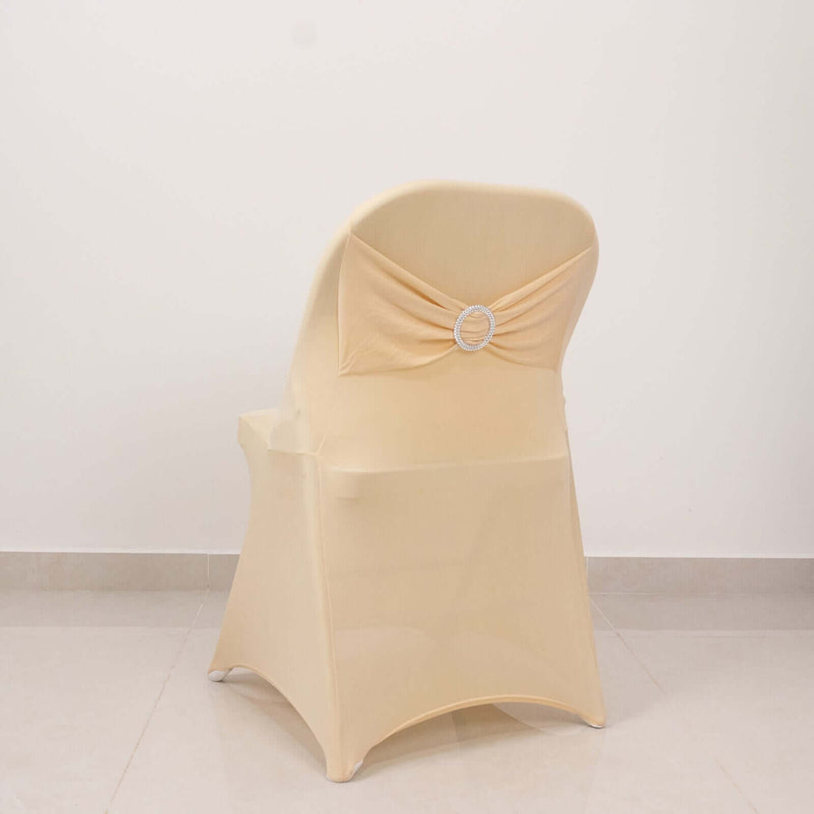 Beige Spandex Folding Chair Covers with Silver Rhinestone Buckled Sash Band