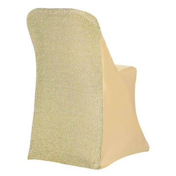 Stretch Spandex Chair Cover Champagne for Folding Chairs - Metallic Shimmer Tinsel Back Design Fitted Slipcover