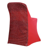 Red Spandex Stretch Folding Chair Cover, Fitted Chair Cover with Metallic Shimmer Tinsel Back