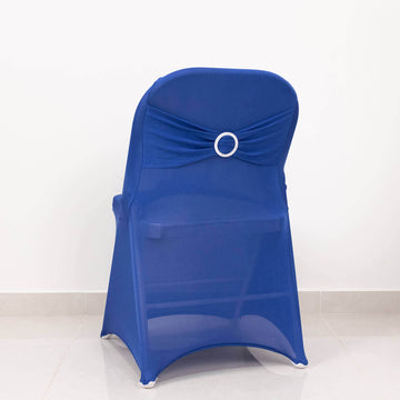 Stretch Spandex Chair Cover Royal Blue for Folding Chairs - Secure Fit Slipcover with Silver Rhinestone Buckled Sash Band