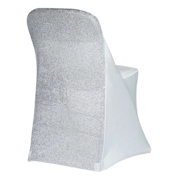 Stretch Spandex Chair Cover Silver for Folding Chairs - Metallic Shimmer Tinsel Back Design Fitted Slipcover