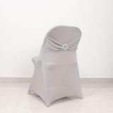 Silver Spandex Folding Chair Covers with Silver Rhinestone Buckled Sash Band