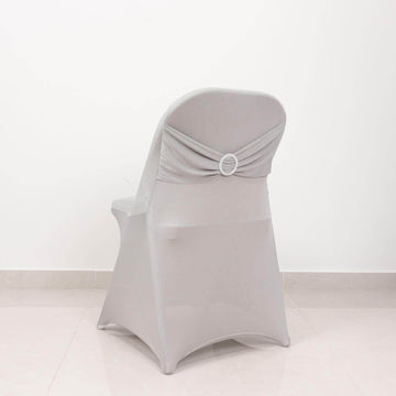 Stretch Spandex Chair Cover Silver for Folding Chairs - Secure Fit Slipcover with Silver Rhinestone Buckled Sash Band