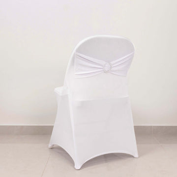 Stretch Spandex Chair Cover White for Folding Chairs - Enhanced Style & Secure Fit Slipcover with Stunning Silver Rhinestone Buckled Sash Band