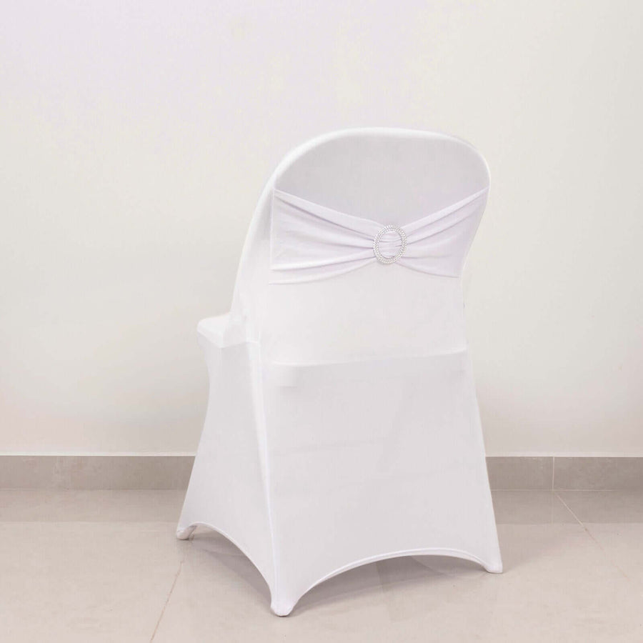 White Spandex Folding Chair Covers with Silver Rhinestone Buckled Sash Band