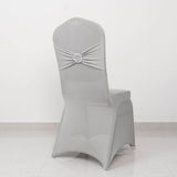 Silver Spandex Banquet Chair Cover with Rhinestone Buckled Sash Band, Stretched Fitted Slip On Chair