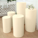 Set of 5 | Beige Cylinder Stretch Fitted Pedestal Pillar Prop Covers, Display Box Stand Covers